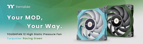 Thermaltake Debuts TOUGHFAN 12 High Static Pressure Radiator Fan in Turquoise and Racing Green Powerful, Silent, and Colorful